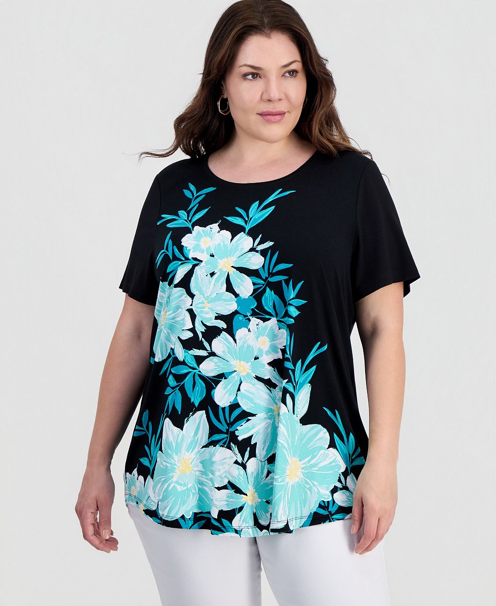 Топ JM Collection Plus Size Painted Floral Scoop-Neck