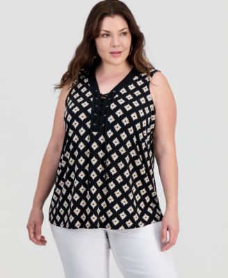 JM Collection Plus Printed Lace-Up Sleeveless Top, Macy's Exclusive