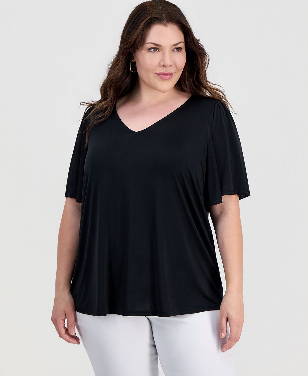 JM Collection Топ Plus Size с V-образным вырезом и расклешенными рукавами