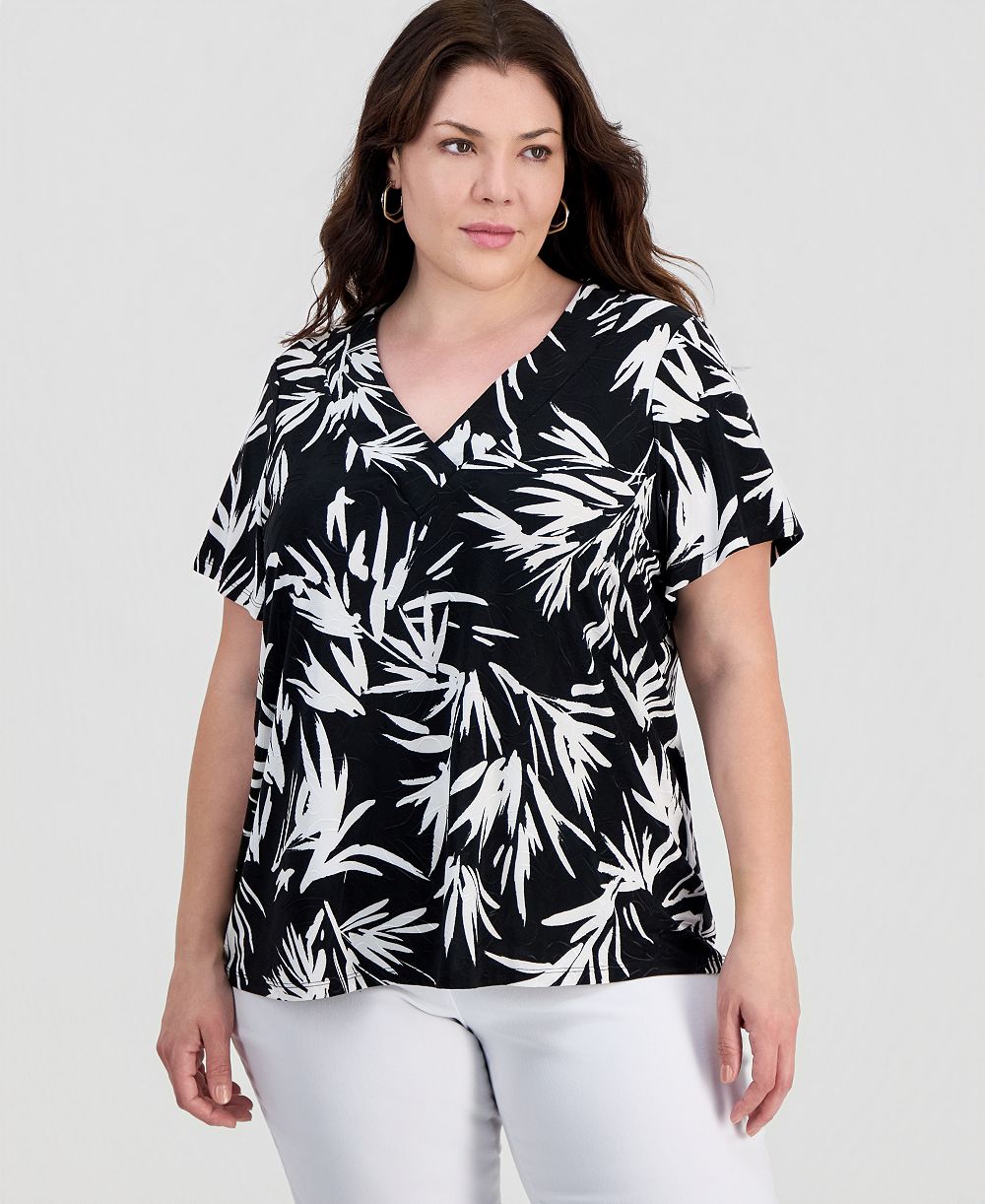 JM Collection Plus Printed Short Sleeve V-Neck Jacquard Top, Macy's Exclusive