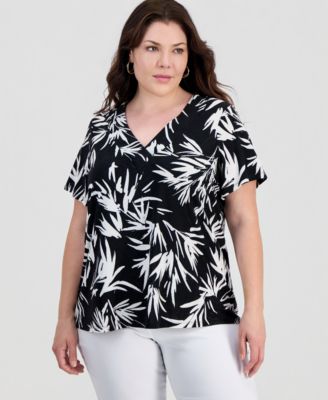 JM Collection Plus Printed Short Sleeve V-Neck Jacquard Top, Macy's Exclusive