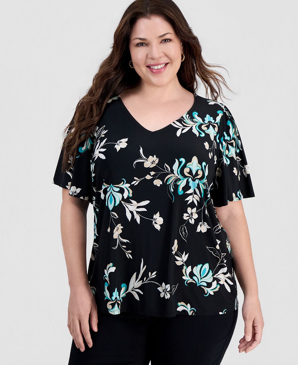 JM Collection Plus Size Tossed Floral V-Neck Flutter-Sleeve Top, Macy's Exclusive