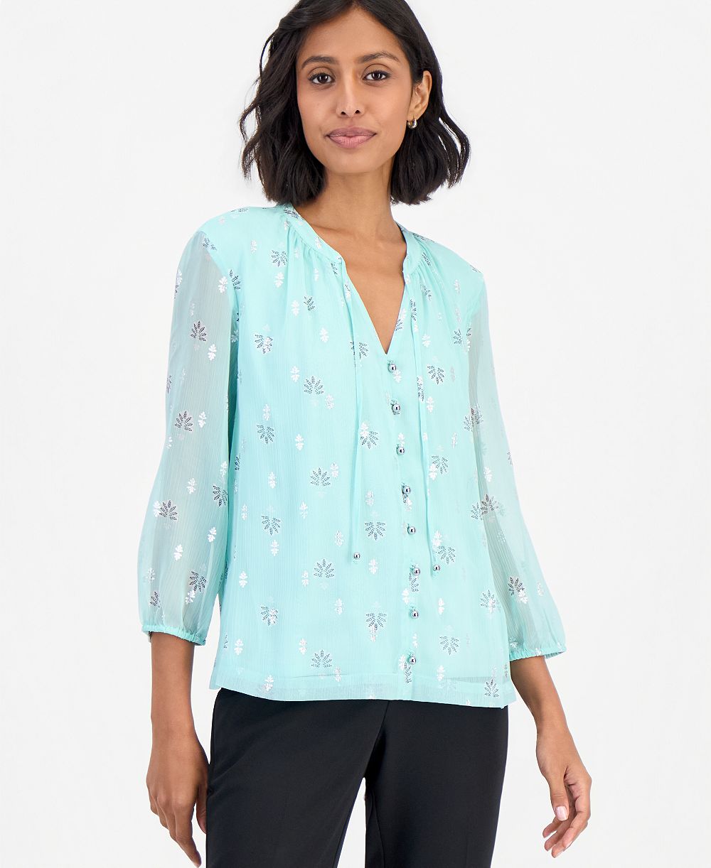 JM Collection Women's 3/4 Sleeve Metallic-Print Tie-Neck Blouse, Macy's Exclusive