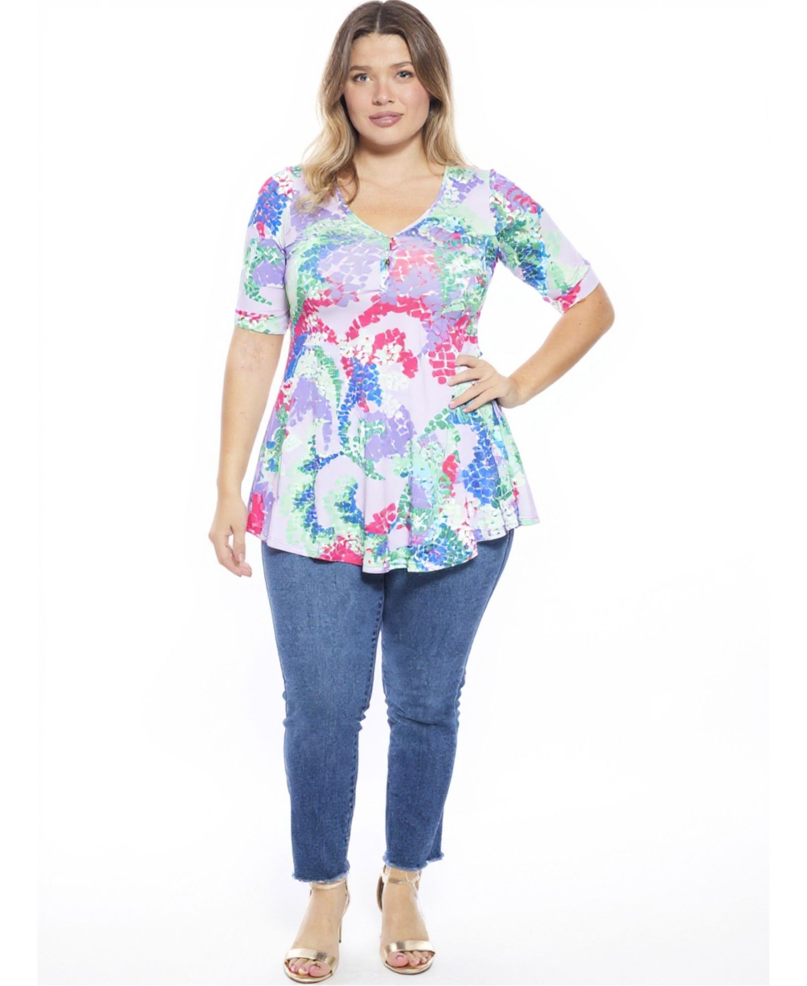 24seven Comfort Apparel Plus Size Abstract V-Neck Elbow Sleeve Henley Tunic Top