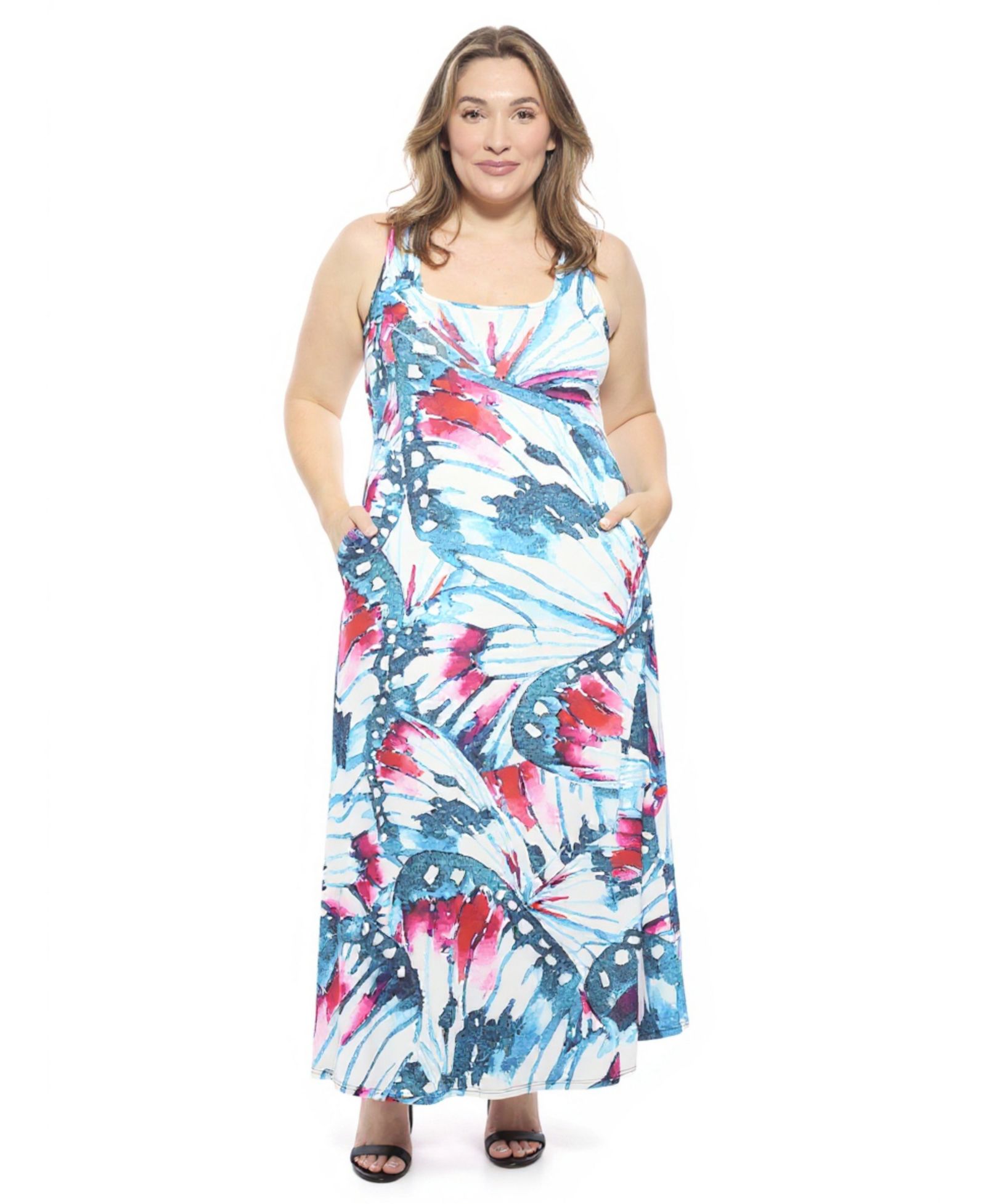 24seven Comfort Apparel платье макси с вырезом лодочкой и карманом, Plus Size, с принтом бабочки