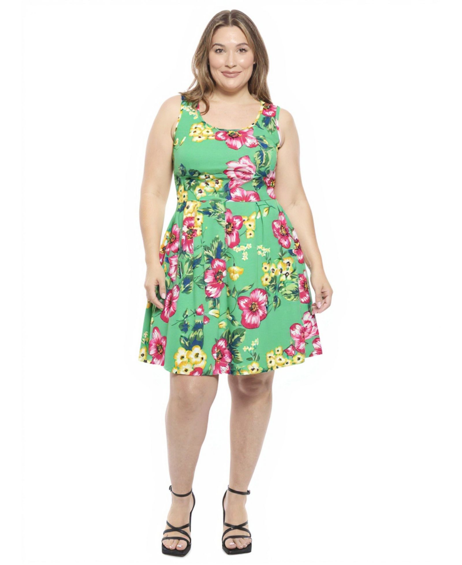 24seven Comfort Apparel Plus Size Floral Pleated Pocket Skater Dress