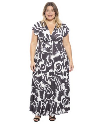 24seven Comfort Apparel Plus Size Abstract Empire Waist Cap-Sleeve Dress