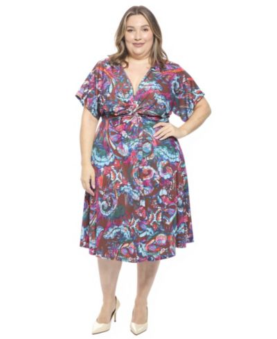 24seven Comfort Apparel Plus Size Abstract Dolman Sleeve Twist Front Dress