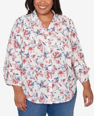 Alfred Dunner Plus Size Austin Etched Floral Butterfly Button-Down Top