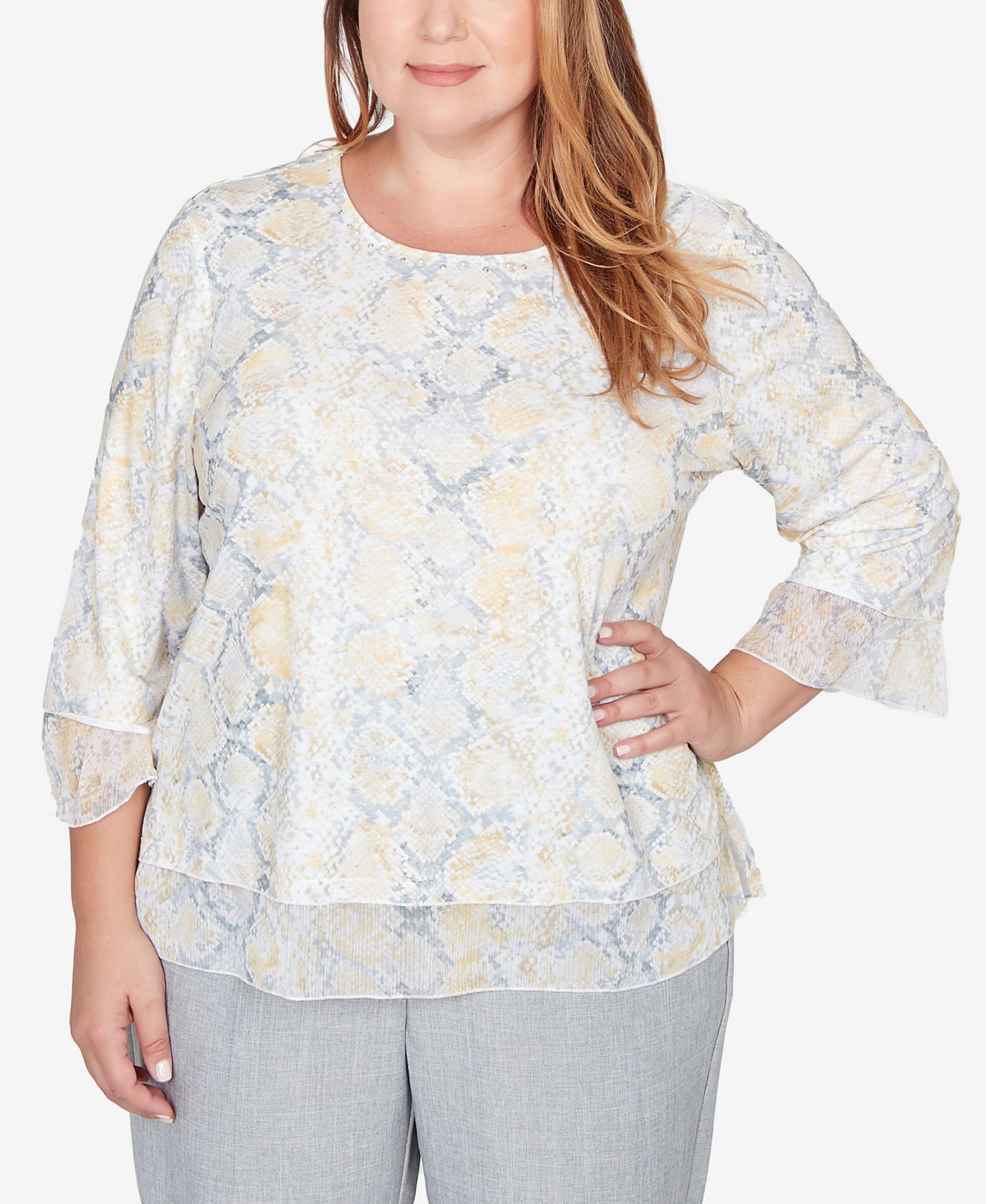 Alfred Dunner Plus Size Al Fresco Python Printed Knit Flutter Sleeve Top