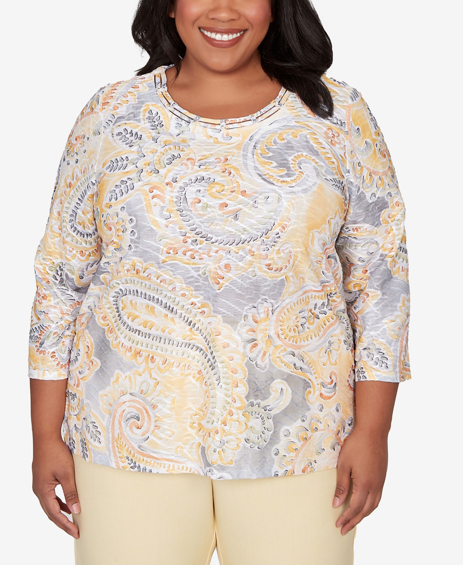 Alfred Dunner Plus Size Al Fresco Paisley Printed Patch Knit Top