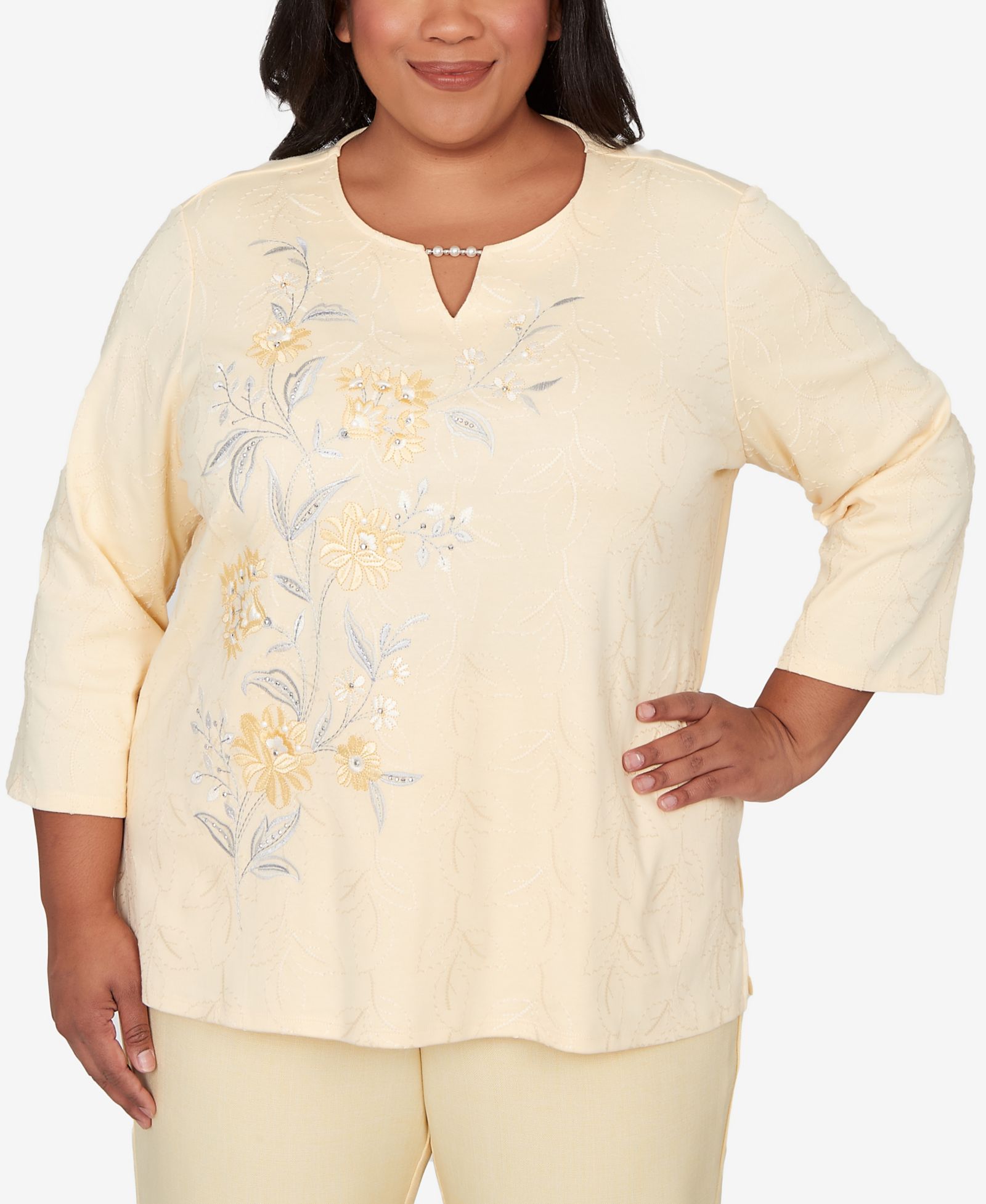 Женский топ Alfred Dunner Plus Size Al Fresco с асимметричной цветочной вышивкой