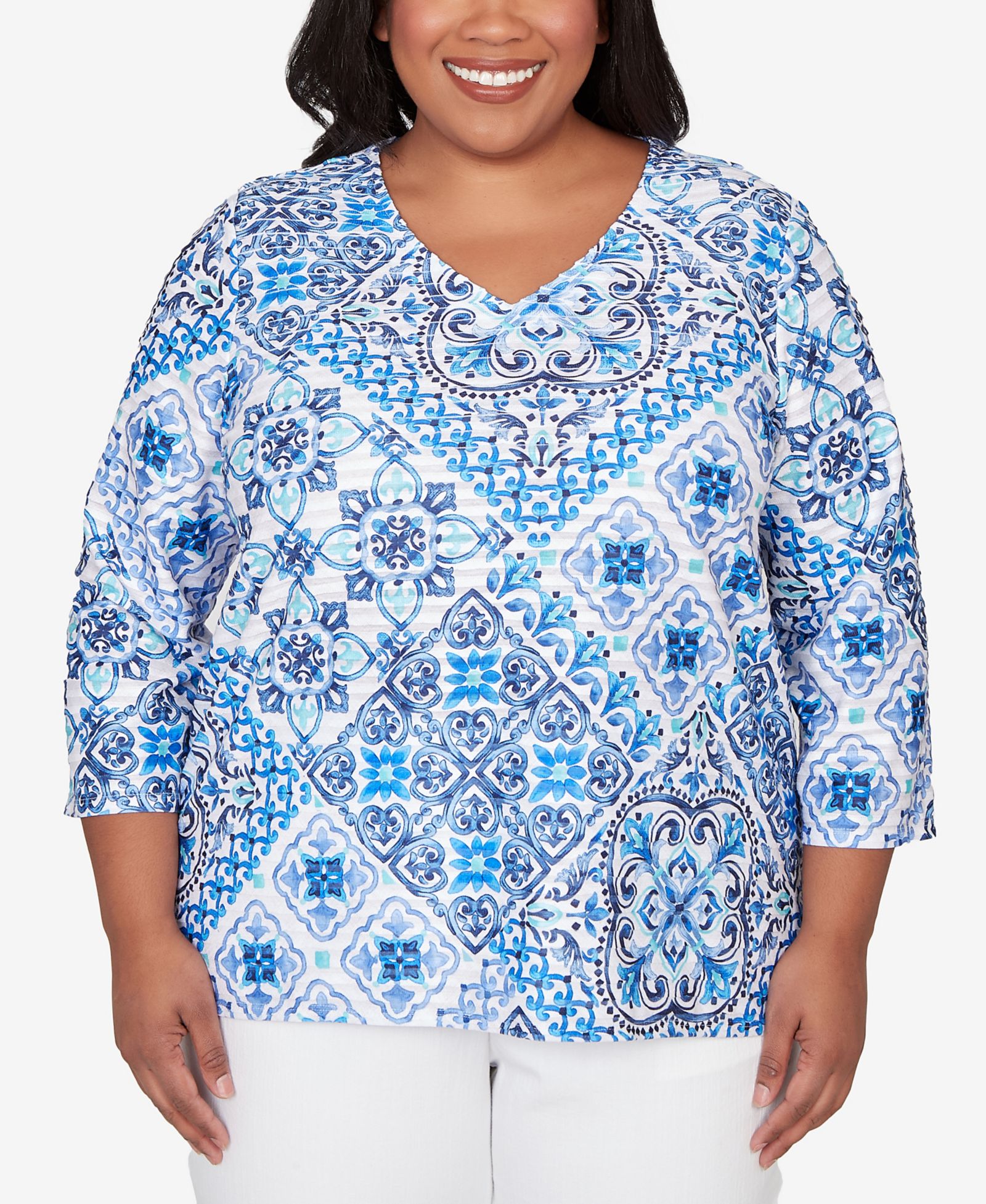 Топ Alfred Dunner Plus Size Mykonos Aegean Tile V-Neck Top