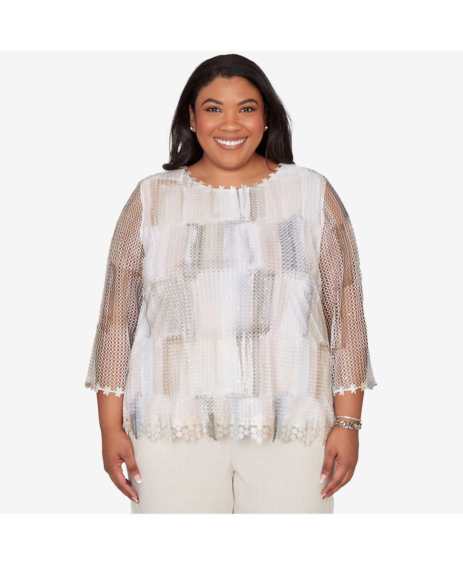 Alfred Dunner Plus Size топ Mesh Top Neutral Brushstrokes