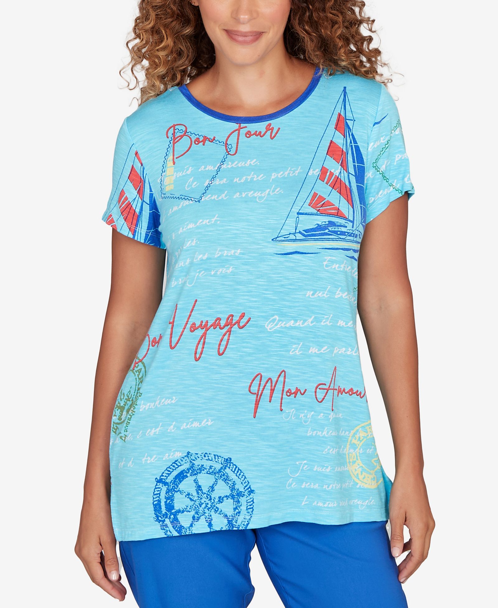 Ruby Rd. Petite Bon Voyage Trim Detail Graphic T-Shirt