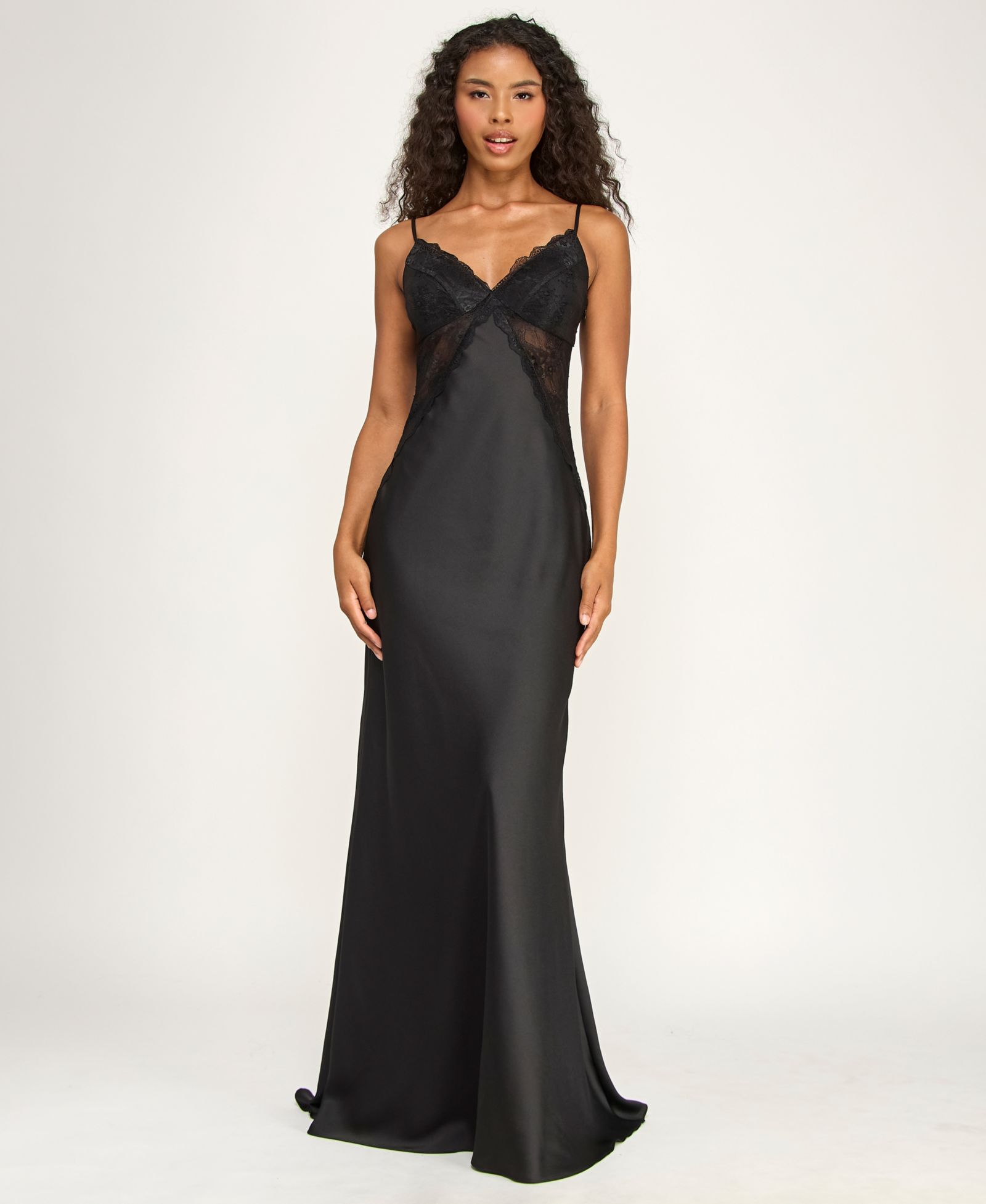 Alex & Sophia Juniors' V-Neck Satin Gown with Spaghetti Strap and Lace Trim Detail Gown