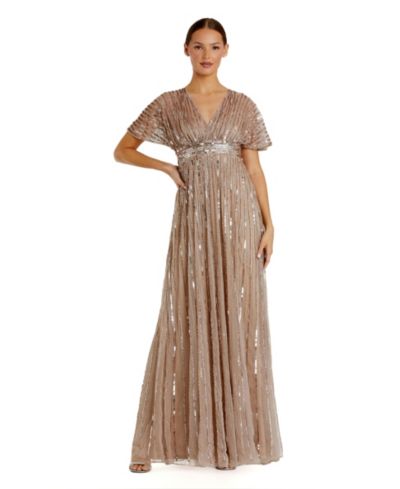 Mac Duggal Women's Embellished Mesh V Neck Short Sleeve Gown