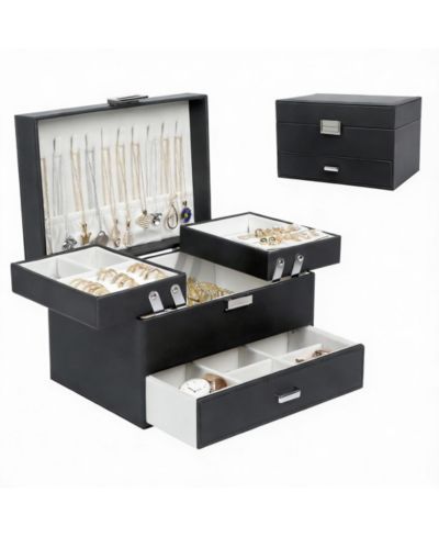 YIGII 3-Layer Jewelry Organizer Box for Women - Large Capacity, PU Leather, Space-Saving