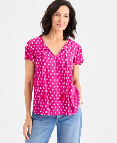 Style & Co Women's Printed Split-Neck Flutter-Sleeve Blouse, Macy's Exclusive
