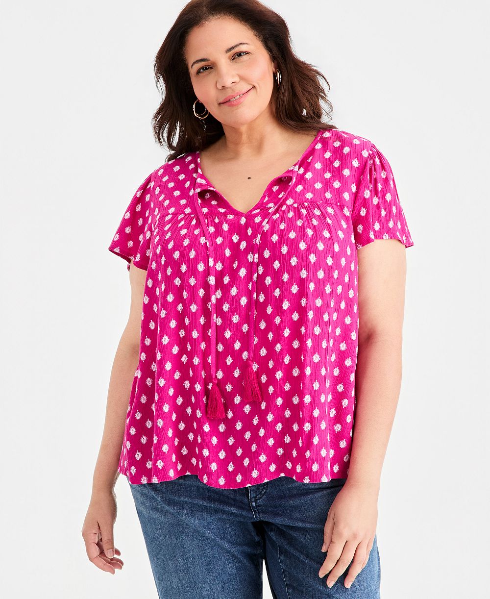 Style & Co Plus Size Printed Split-Neck Flutter-Sleeve Blouse, Macy's Exclusive
