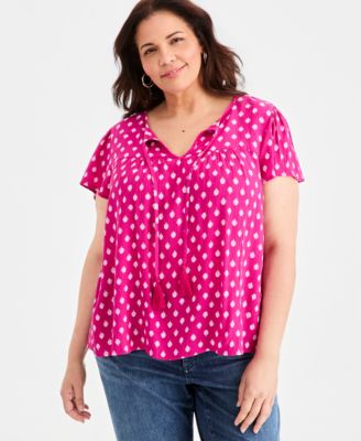 Style & Co Plus Size Printed Split-Neck Flutter-Sleeve Blouse, Macy's Exclusive