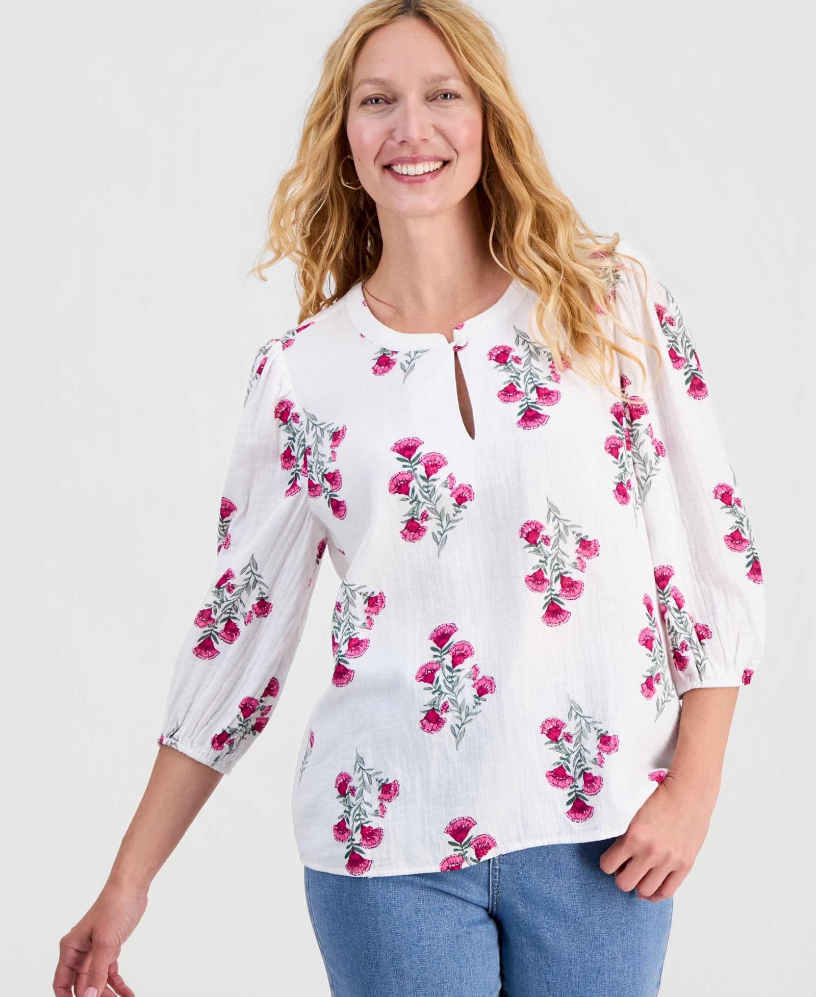 Верх Style & Co Women's Printed Cotton Gauze 3/4-Sleeve