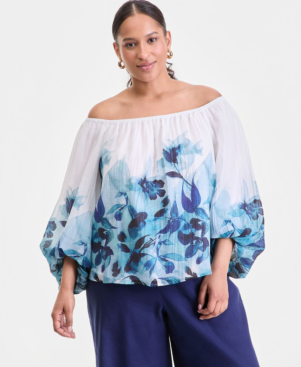 I.N.C. International Concepts Plus Size Printed Off-The-Shoulder Puff-Sleeve Blouse, Macy's Exclusive