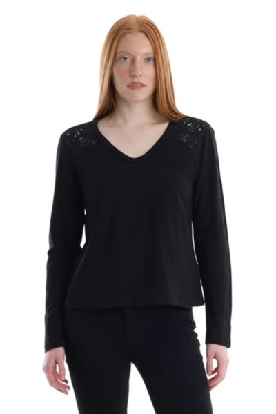 WILT Women's Clothing V-Neck Long Sleeve Mixed Media Tee