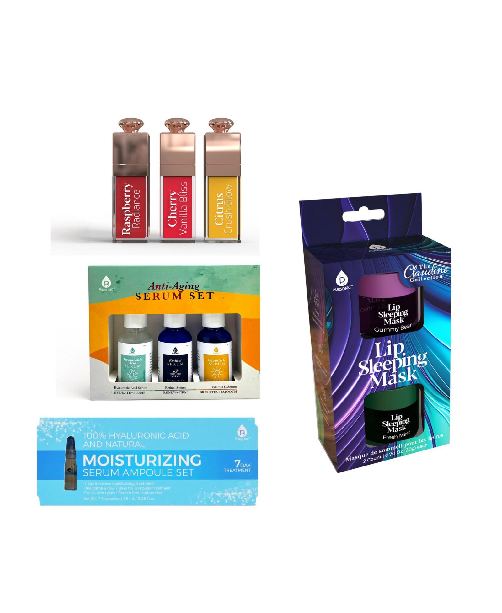 PURSONIC Ultimate Glow Collection: Nourishing Lip Oils, Overnight Lip Mask, Anti-Aging Serum Set & Hyaluronic 7-Day Treatment
