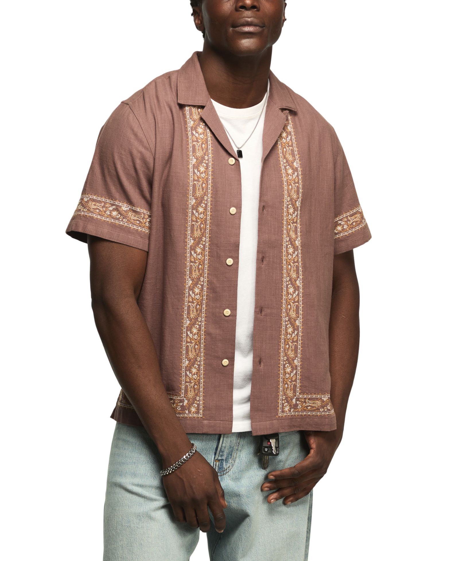 Lucky Brand Men's Detailed Lace Trim Camp Collar Short-Sleeve