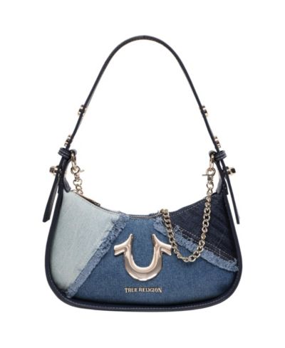 True Religion Frayed Denim Horseshoe Flap Shoulder Bag
