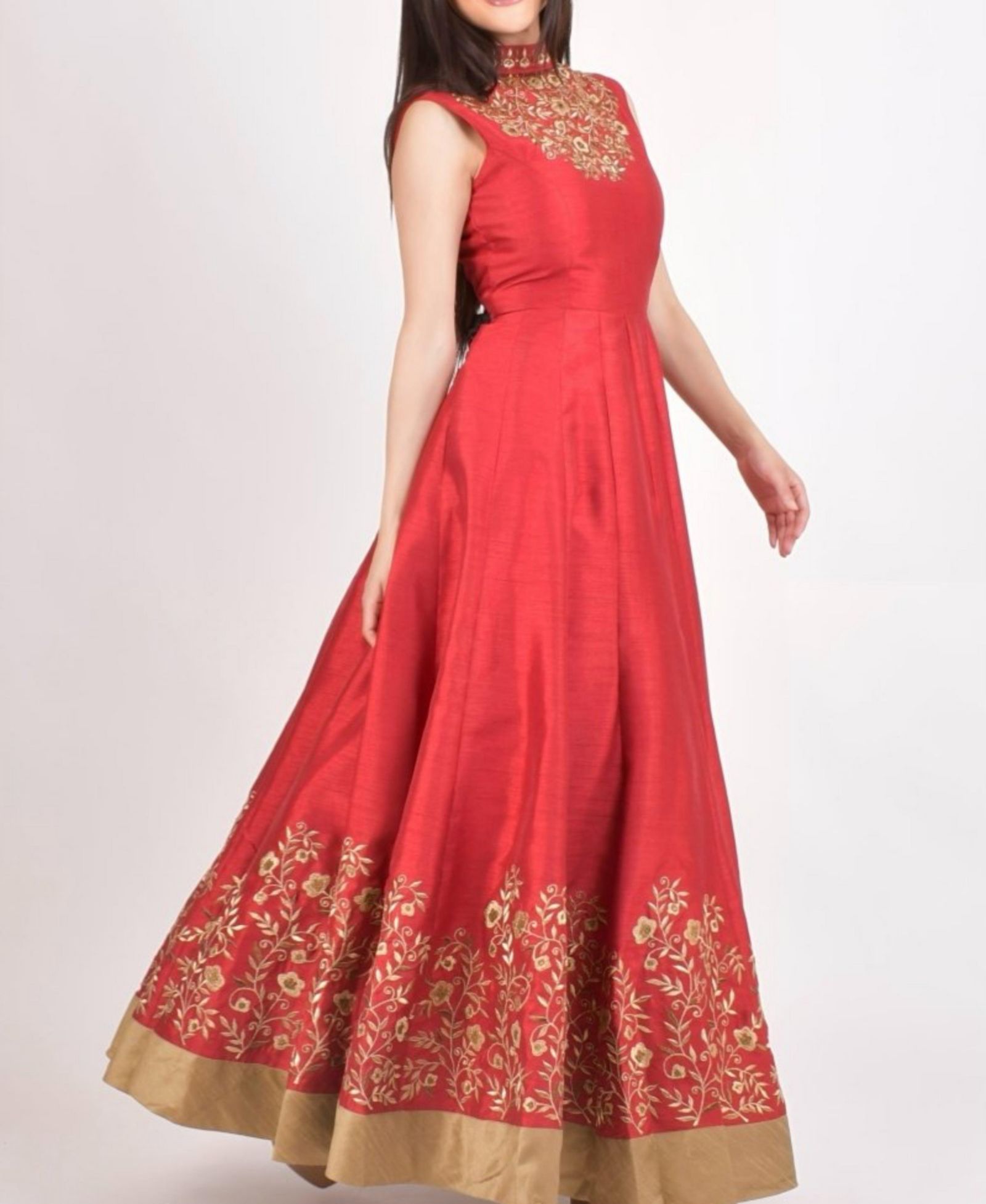 RAAS Women's Embroidered Silk High Neck Gown
