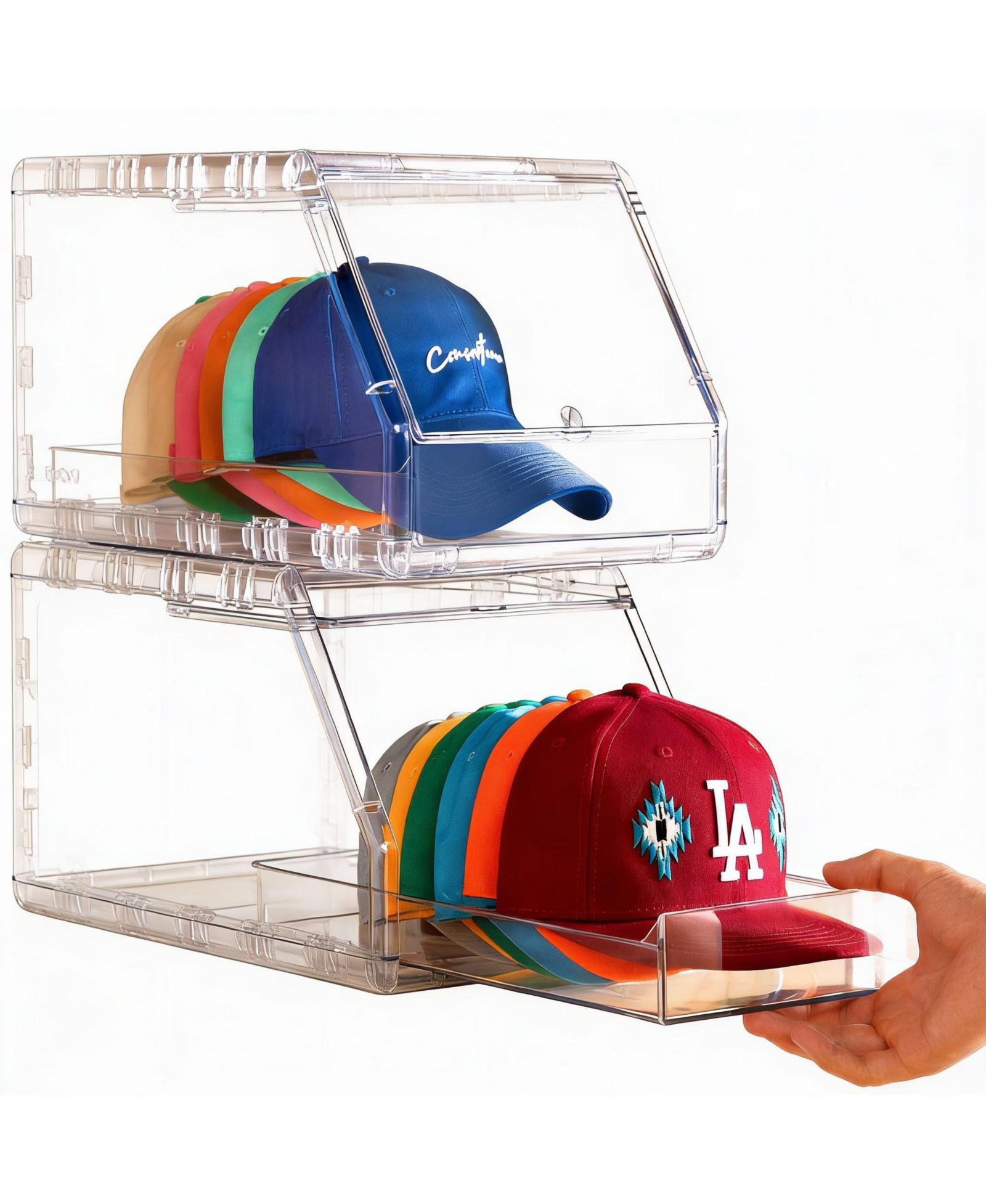 YIGII Stackable Baseball Cap Organizer with Clear View and Slide Drawer