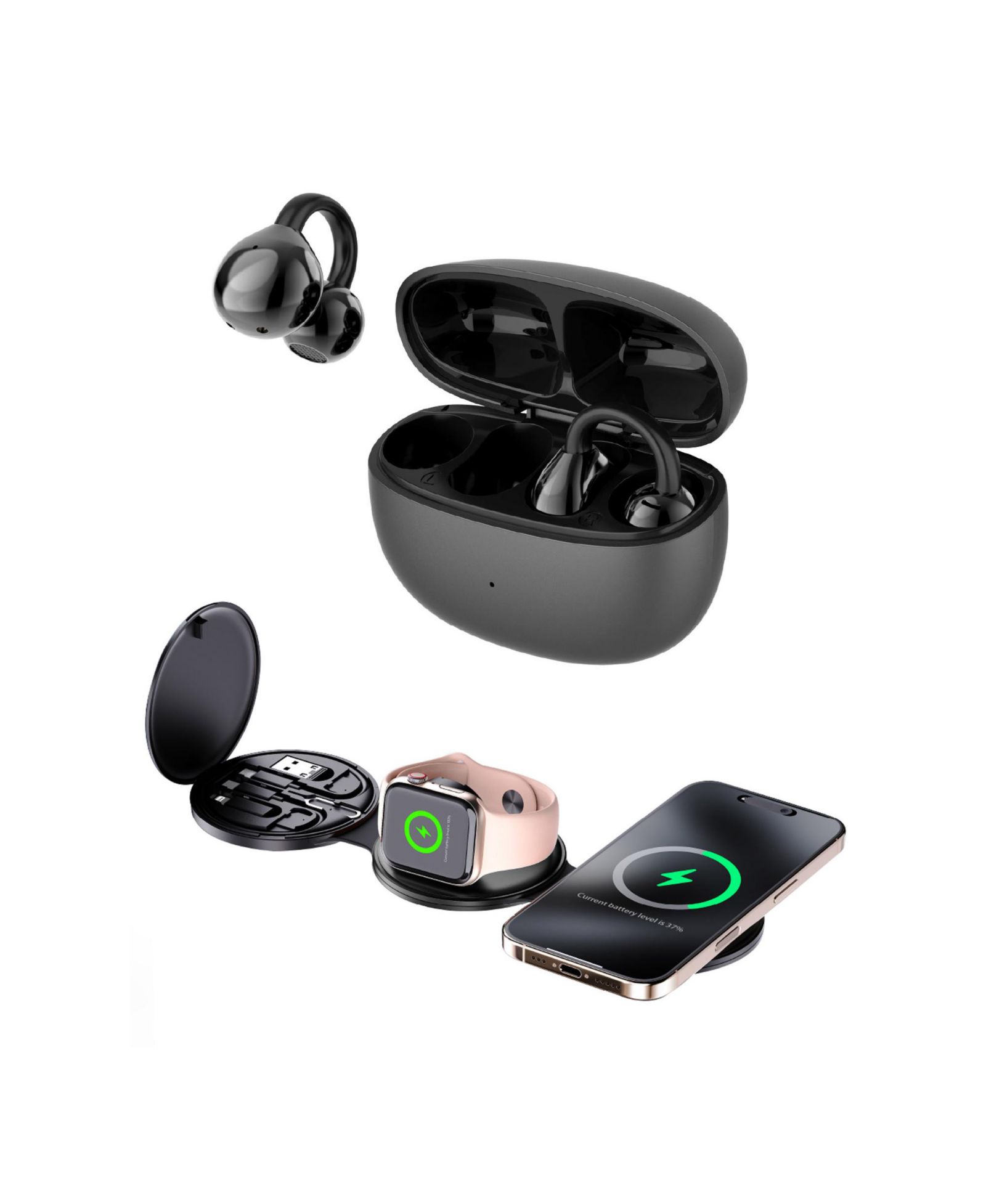 Pursonic Power & Sound Essentials Folding Wireless 5-in-1 Charging Station and Earbuds Bundle for Qi Smartphones, Apple Watch, and AirPods