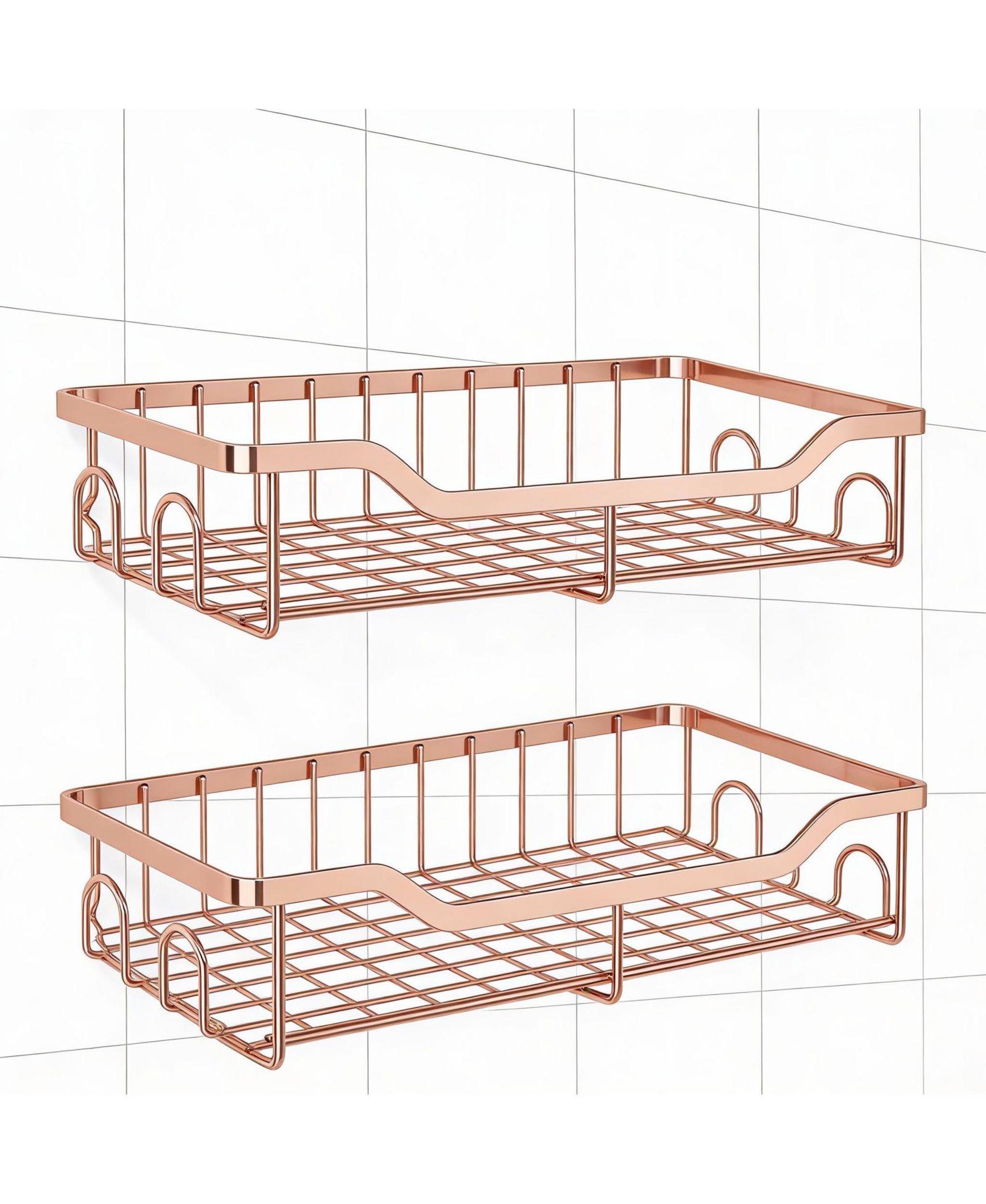 YIGII Stainless Steel Adhesive Shower Caddy, 2-Pack, Rustproof, 8 Hooks, No Drill