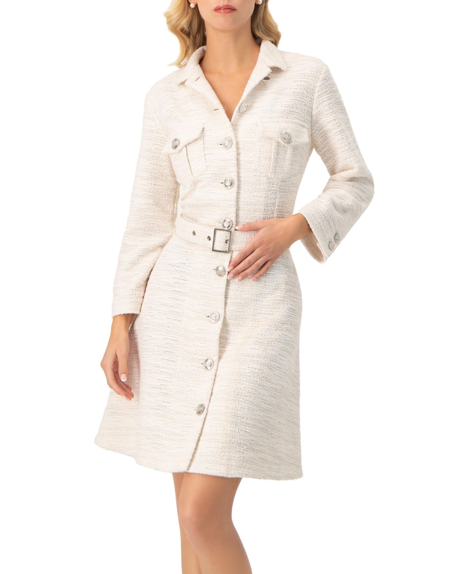 Ivonne Women's Tweed Belted Button Down Dress