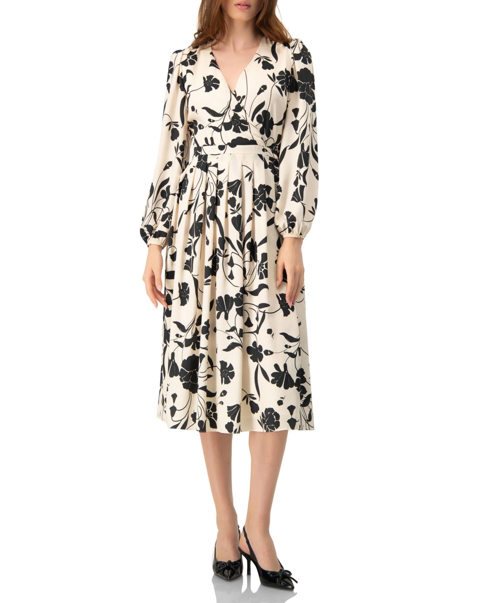 Ivonne Women's V-Neck Midi Dress with Long Sleeves