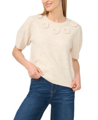 CeCe Women's Short-Sleeve Crewneck Knit-Flower Sweater