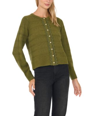 CeCe Women's Pointelle Lace-Trim Cardigan Sweater