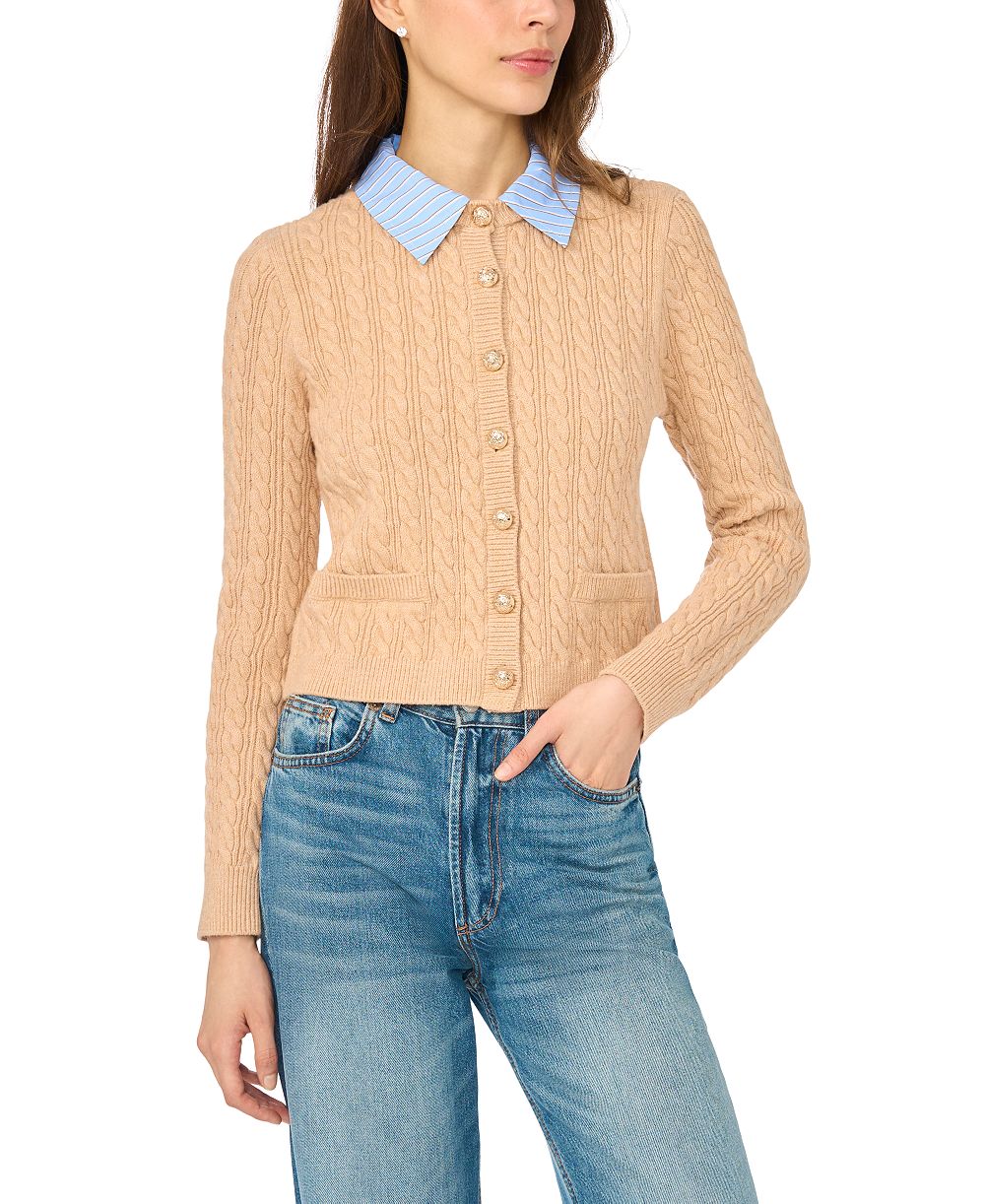 CeCe Women's Twofer Cable-Knit Collared Long-Sleeve Cardigan Sweater