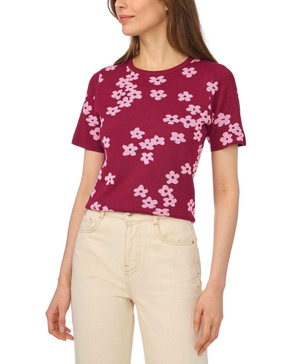 CeCe Women's Floral-Print Jacquard Short-Sleeve Sweater
