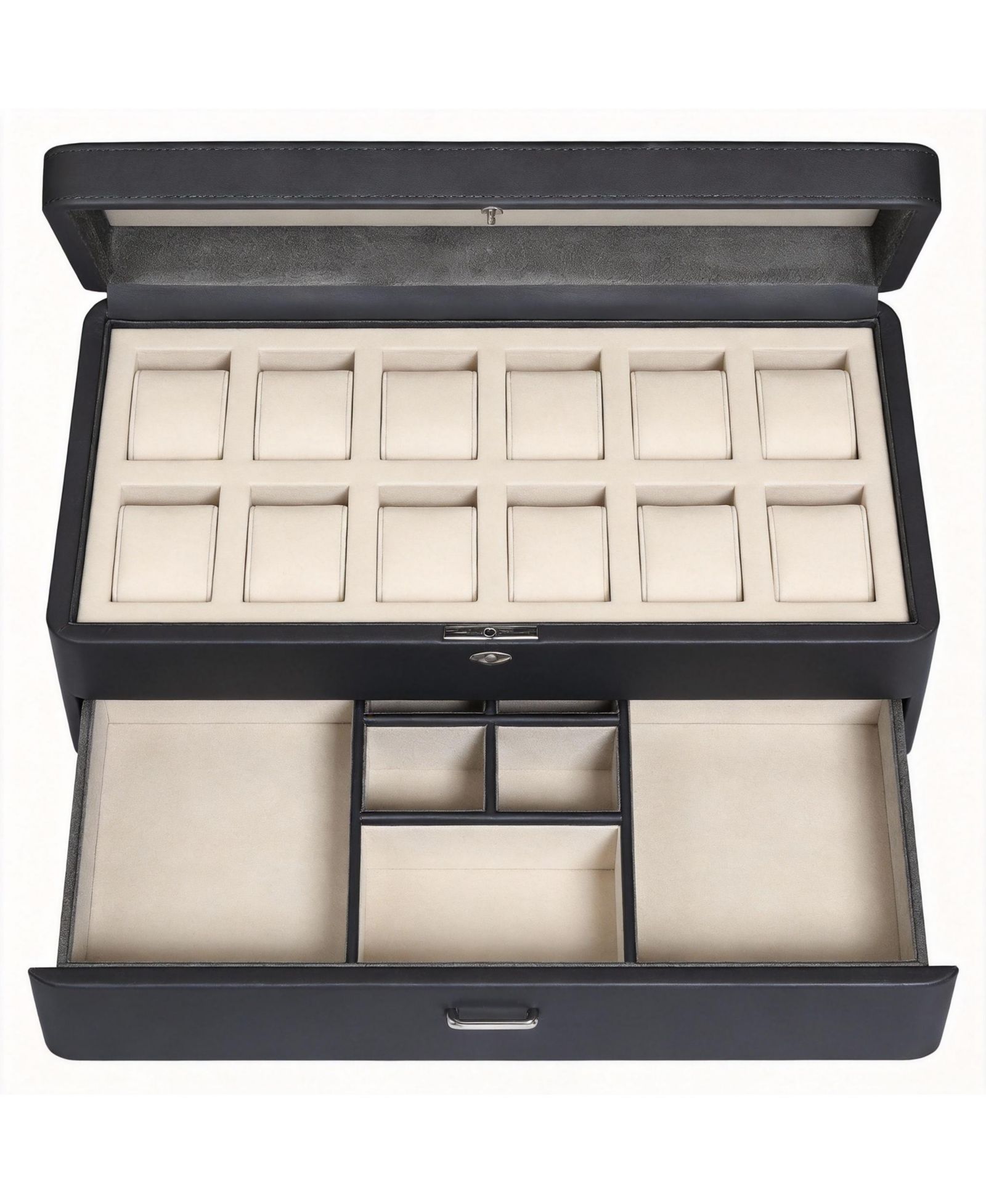 YIGII Luxury Watch Box - 12 Watches, PU Leather, Glass Lid, Accessory Drawer