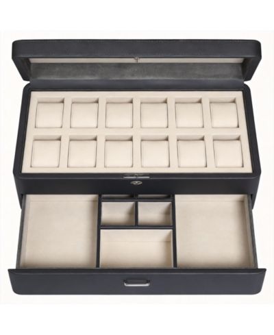 YIGII Luxury Watch Box - 12 Watches, PU Leather, Glass Lid, Accessory Drawer