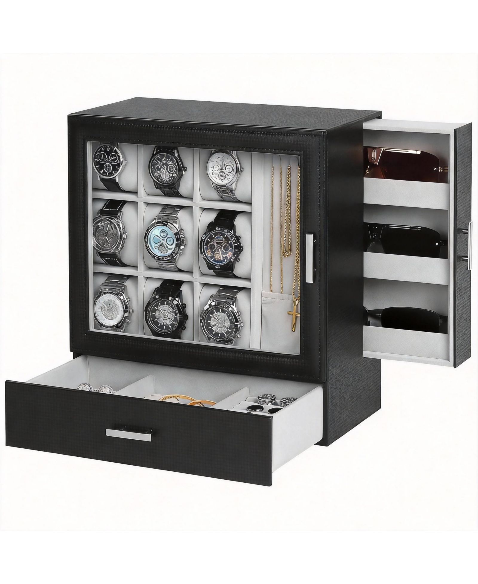 YIGII 9-Slot Vertical Watch Case for Men with Necklace Display and 3-Tier Drawer