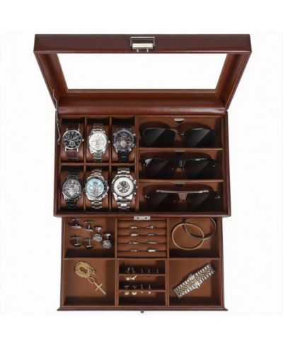 YIGII Premium Leather Watch & Jewelry Organizer with Glass Lid