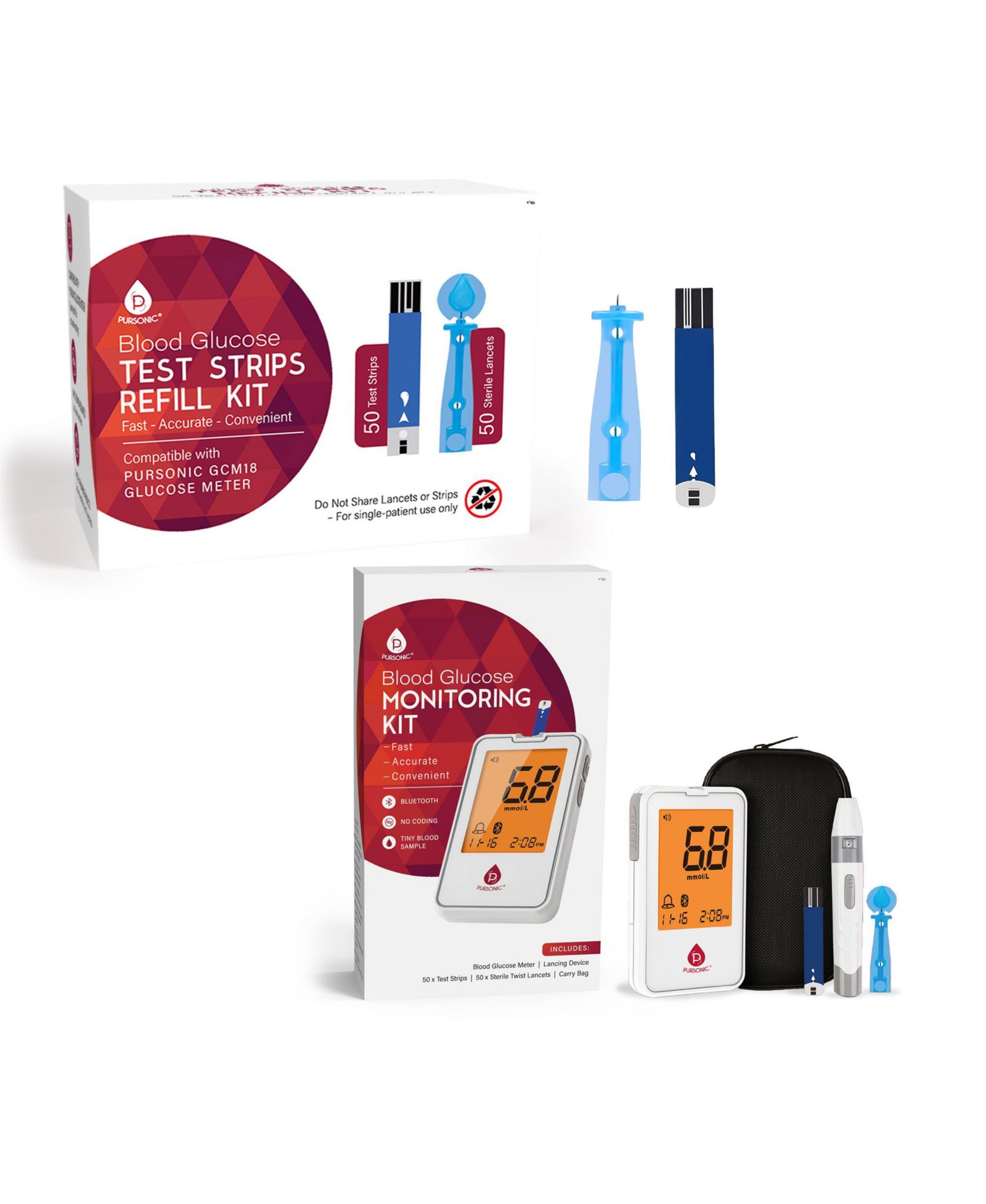 Pursonic Blood Glucose Monitoring Bundle – Glucose Meter with Bluetooth + 50 Test Strips + 50 Sterile Lancets