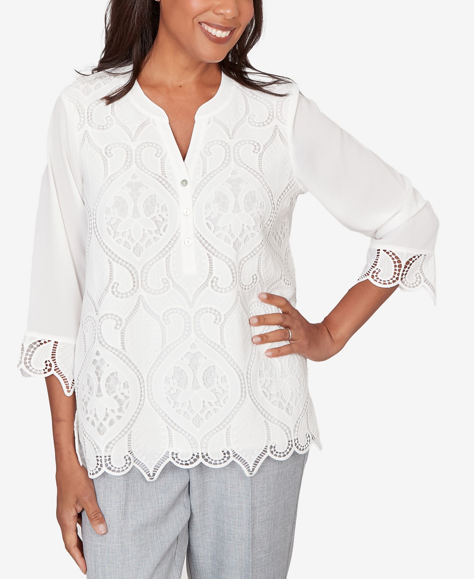 Alfred Dunner Petite Al Fresco Lace Cut Out Front Henley Top