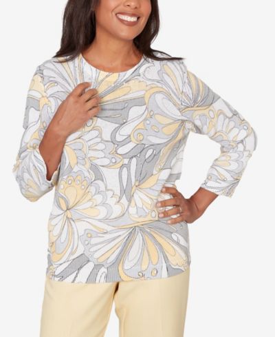 Женский трикотажный джемпер Alfred Dunner Petite Al Fresco Abstract Butterfly Ribbed Crew Neck
