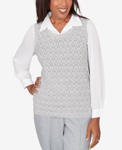Джемпер Alfred Dunner Petite Al Fresco Pointelle Mother of Pearl Lace Two In One