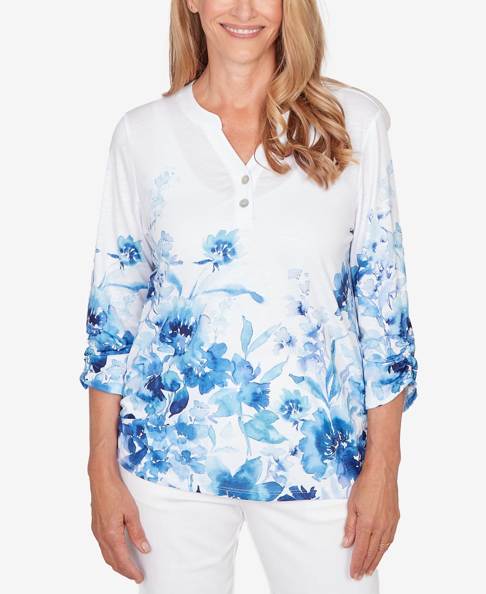 Топ Alfred Dunner Petite Mykonos Watercolor Floral Border Henley